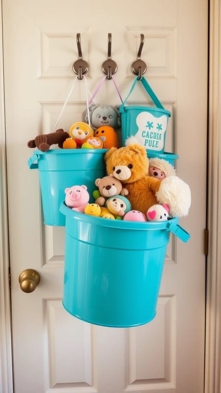 Over-the-door hanging buckets filled with stuffed animals.