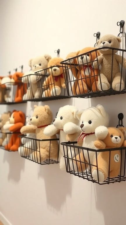 Wall-mounted wire baskets filled with various stuffed animals.
