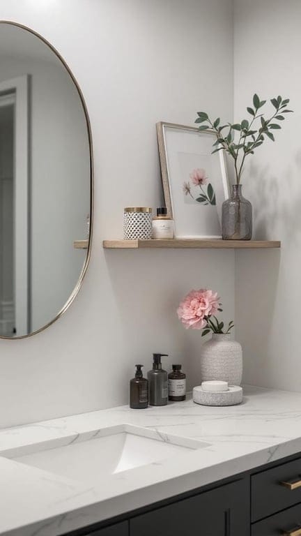 A bathroom with a floating shelf displaying a vase, a framed picture, and various beauty products.