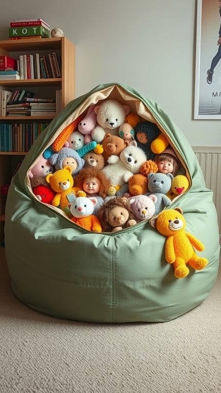 A bean bag chair filled with various stuffed animals in a cozy room.