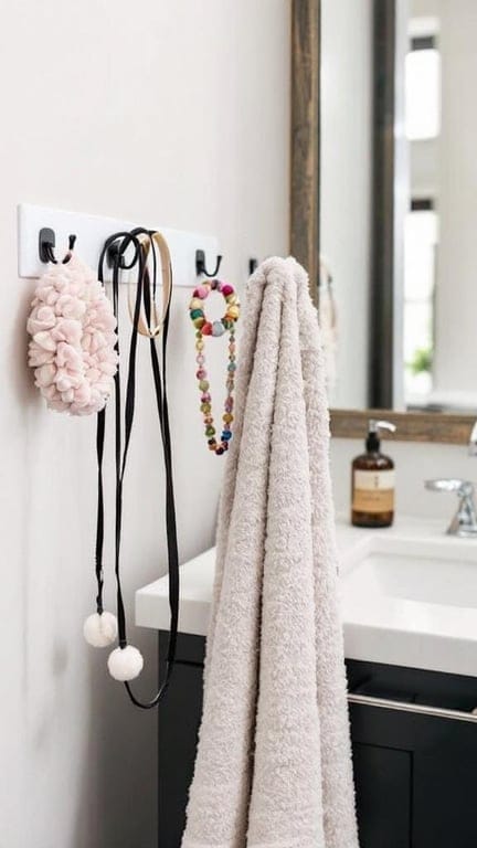 Compact wall hooks displaying towels and accessories in a bathroom setting.