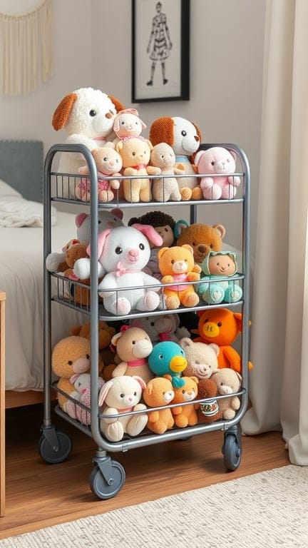 A rolling cart filled with various stuffed animals, showcasing a neat and organized storage solution.