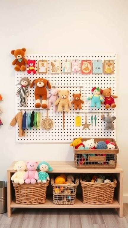 A wall-mounted pegboard displaying various stuffed animals and toys, with baskets underneath for additional storage.