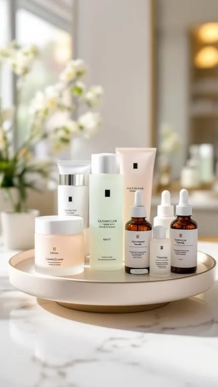A stylish Lazy Susan holding various skincare products on a bathroom counter.
