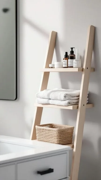 A decorative ladder shelf with towels and skincare products in a bathroom setting.