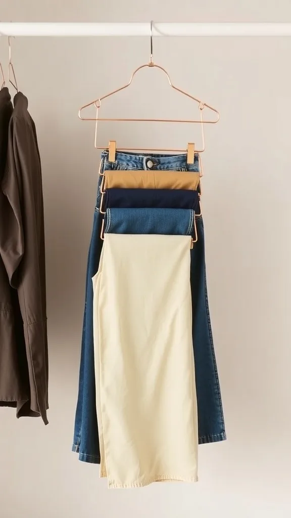 Tiered hanger displaying various bottoms in a closet