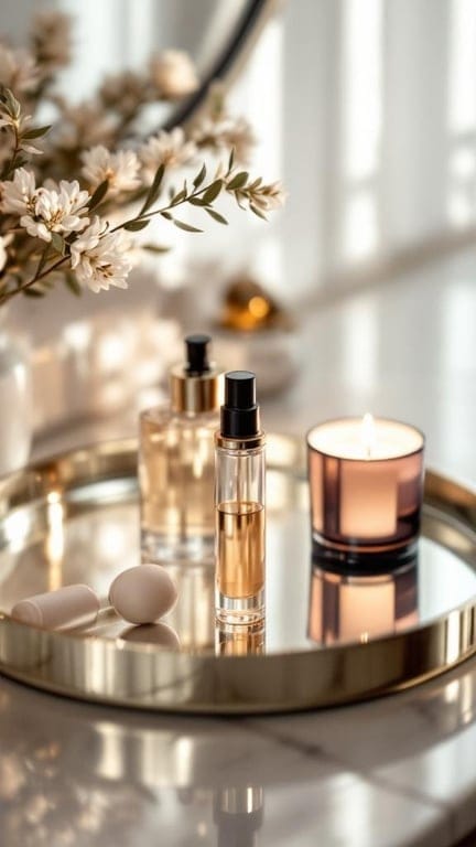 A stylish bathroom counter with a mirrored tray holding beauty products and a candle.