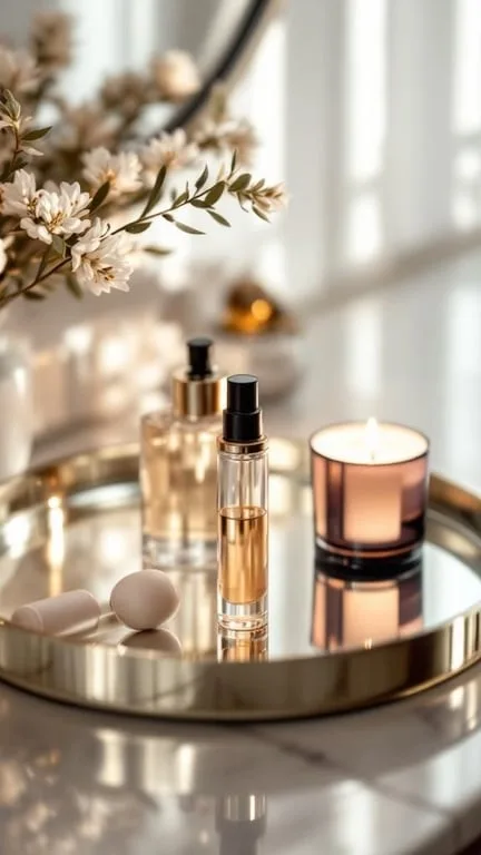 A stylish bathroom counter with a mirrored tray holding beauty products and a candle.
