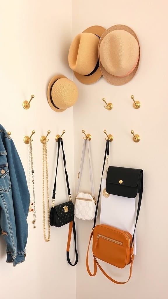 A wall with command hooks displaying hats, bags, and accessories for organization.