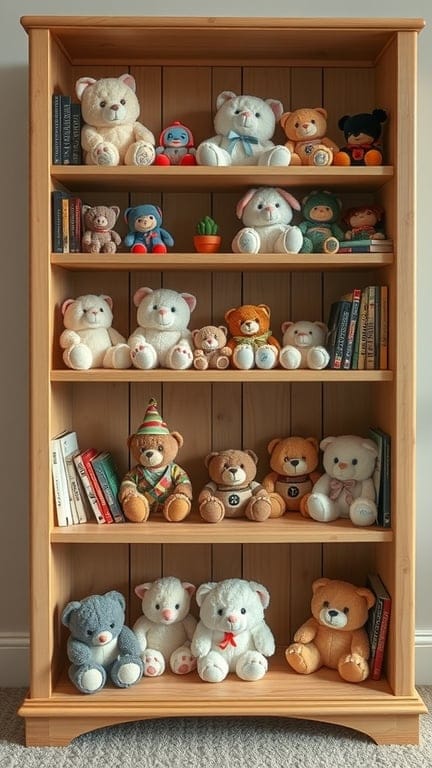 A wooden bookshelf filled with various stuffed animals and books.