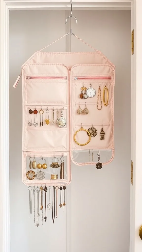A hanging jewelry organizer with various earrings, necklaces, and bracelets displayed.