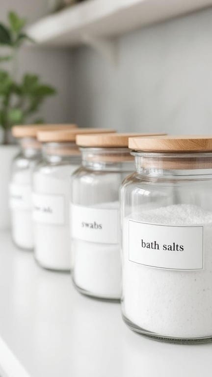 Stylish vanity jars with labels for bath salts and swabs on a bathroom counter.