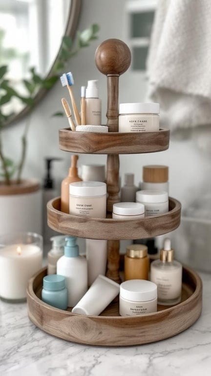 A wooden tiered tray filled with various skincare products and toiletries on a bathroom counter.