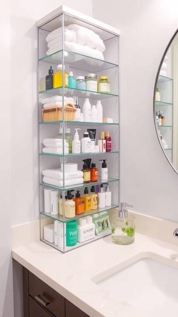 A stylish bathroom with vertical stackable cubbies for organization.