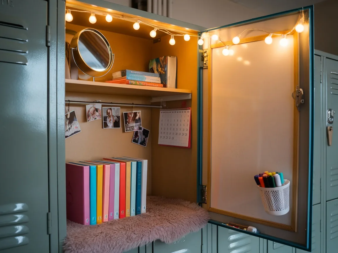 An aesthetic and well-organized school locker setup. The inside of the locker has glowing string or ball lights at the top, a mini mirror, and a neat row of colorful textbooks and notebooks on a shelf lined with a fluffy mat.