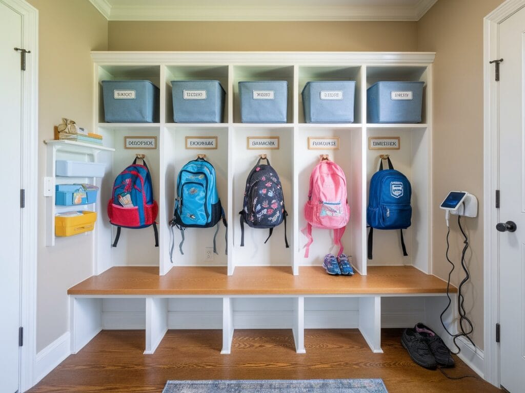 Backpack Organization System | image of labeled hooks or cubbies for each kid’s backpack, with a charging station for devices nearby, styled in a mudroom nook.