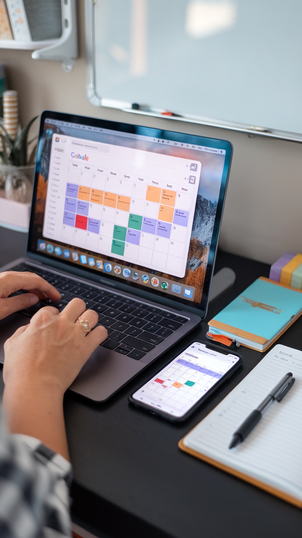 A person using a laptop and smartphone to manage a digital calendar.
