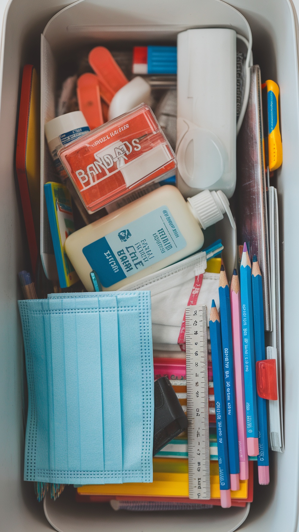 A box filled with emergency supplies including band-aids, hand sanitizer, colored pencils, and masks.