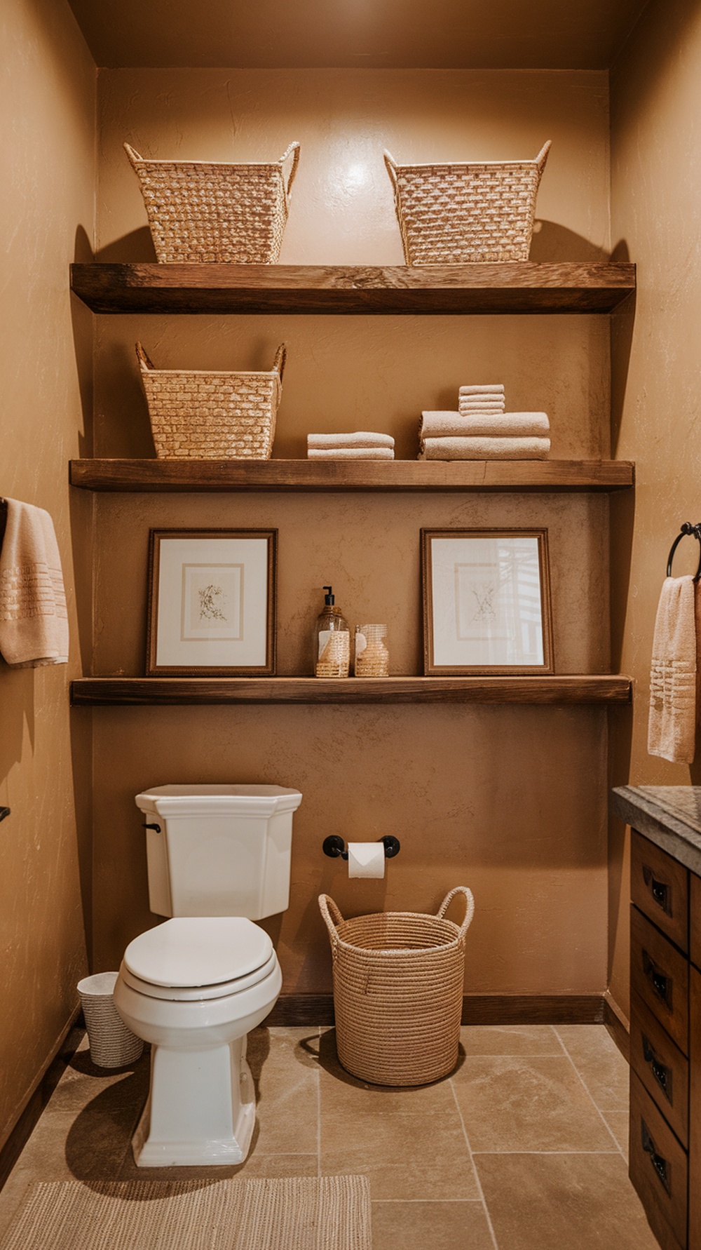 Open wooden shelves above a toilet with baskets and towels.