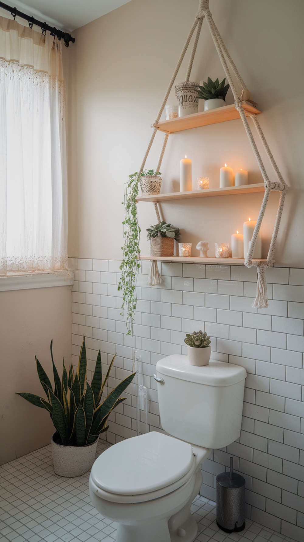 A macrame hanging shelf above a toilet with plants and candles.
