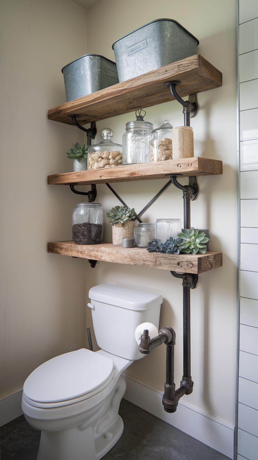 Industrial pipe shelving above a toilet with wooden shelves and decorative items.