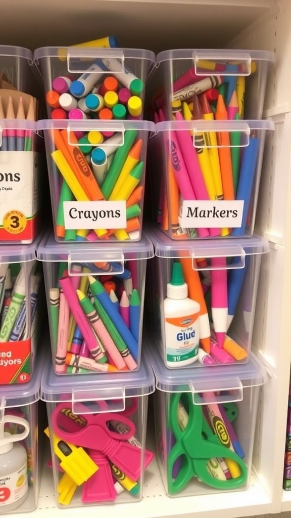 Organized clear bins filled with school supplies on shelves.