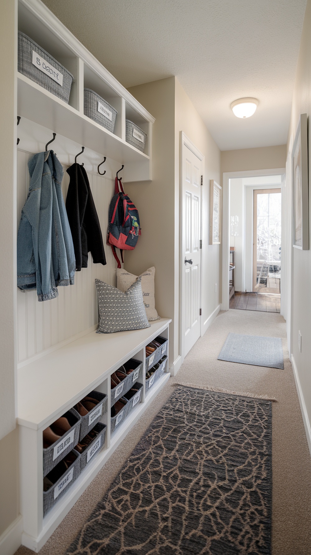 A well-organized shoe station with labeled bins and a clean entryway.
