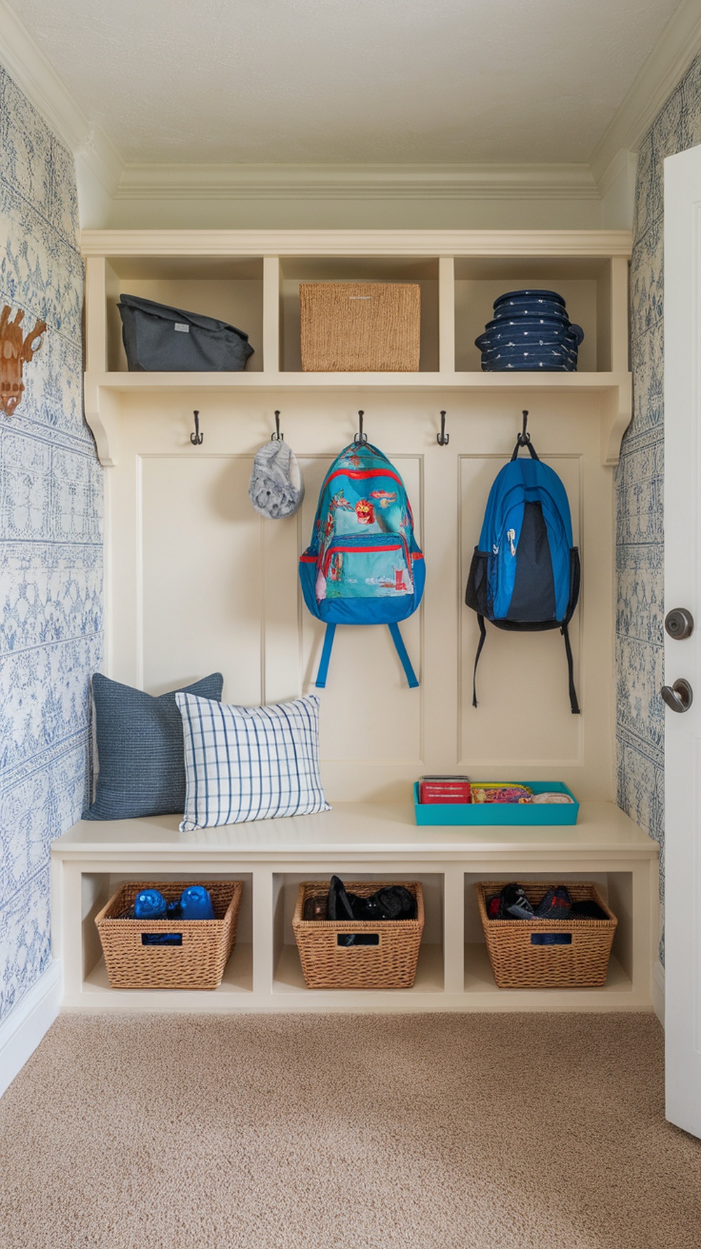 A drop zone with hooks for backpacks and a bench for shoes, designed for organization.