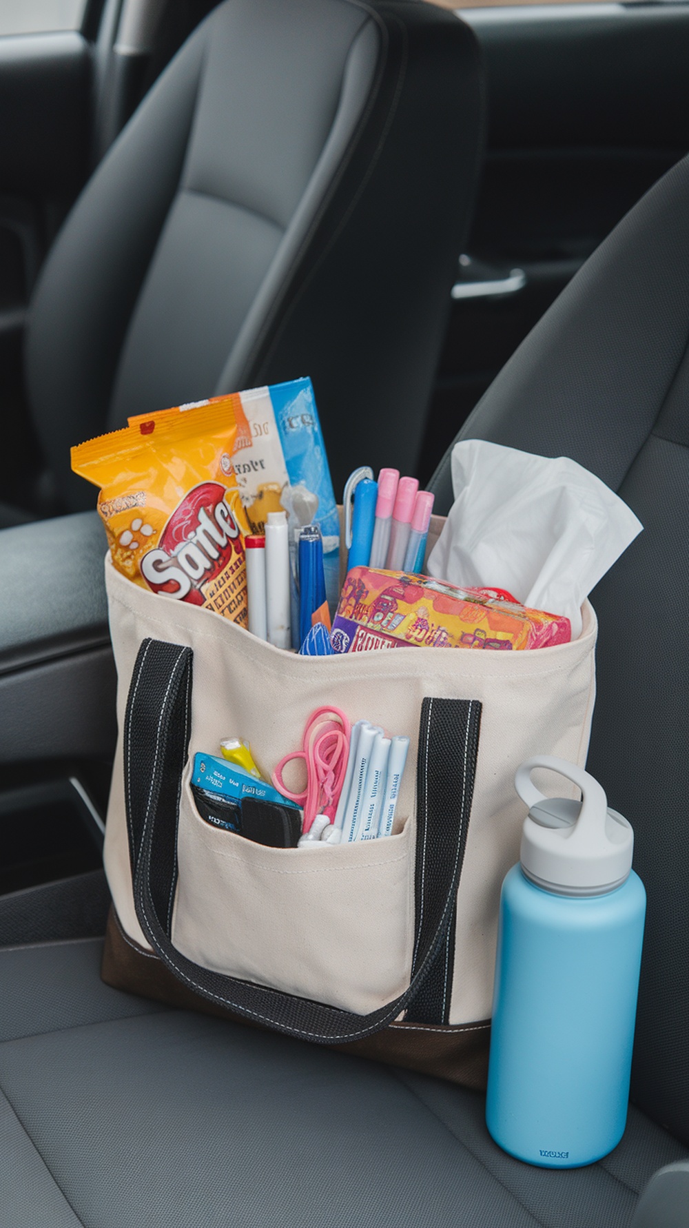 A car kit filled with snacks, school supplies, and a water bottle, ready for busy mornings.