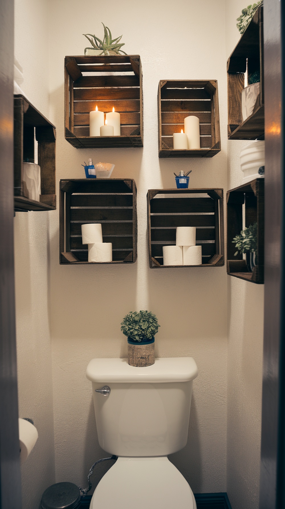 Decorative crate wall shelf above a toilet with candles and plants