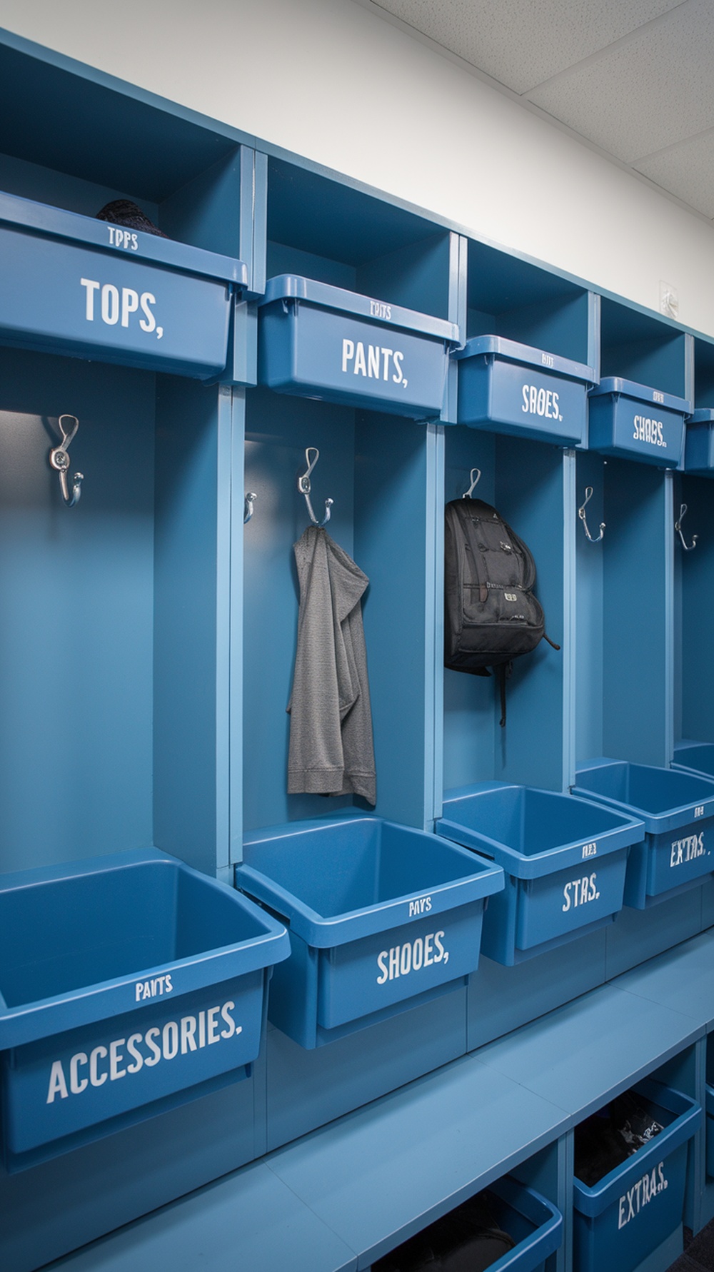Organized storage area with labeled bins for tops, pants, shoes, and accessories.