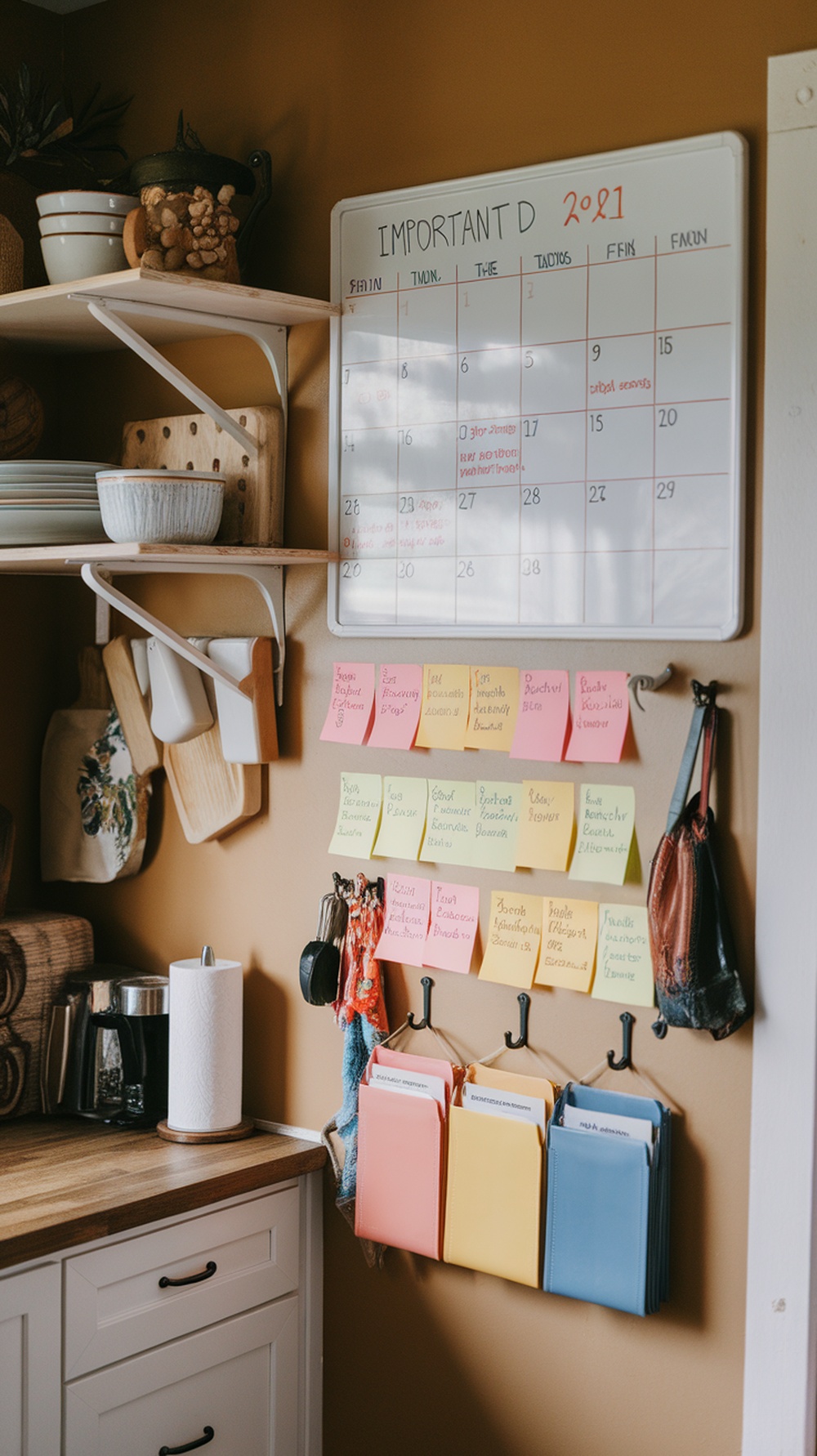 A family command center with a calendar, sticky notes, and organized files.