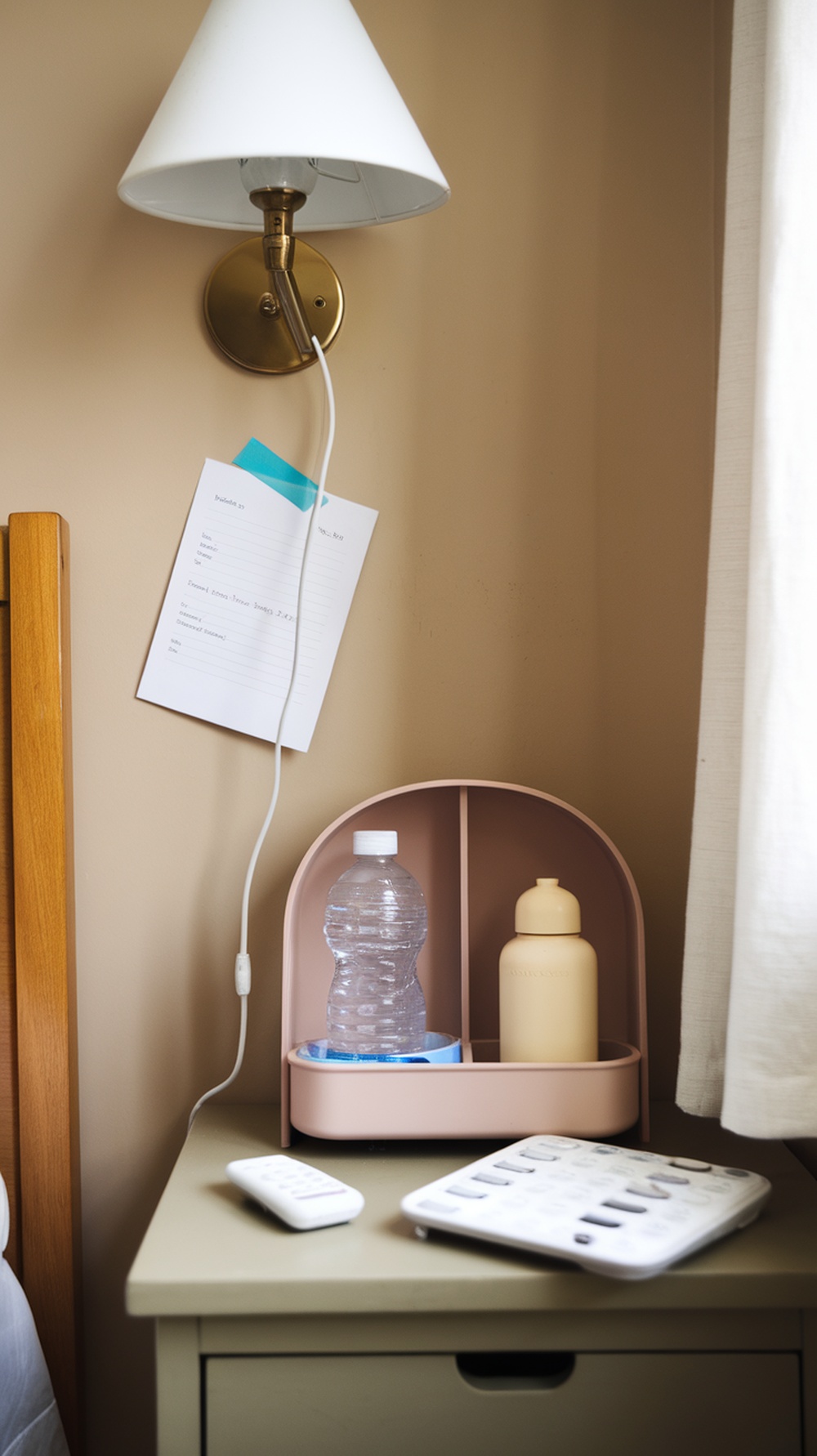 A bedside table with a lamp, water bottle, and a note organizer.