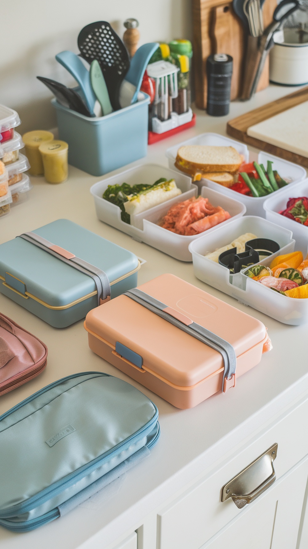 A well-organized kitchen counter with lunch containers and ingredients ready for packing.