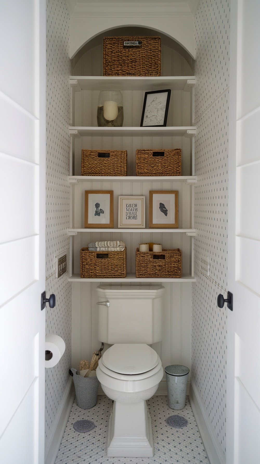 A stylish over-the-toilet bookcase with decorative baskets and framed art.