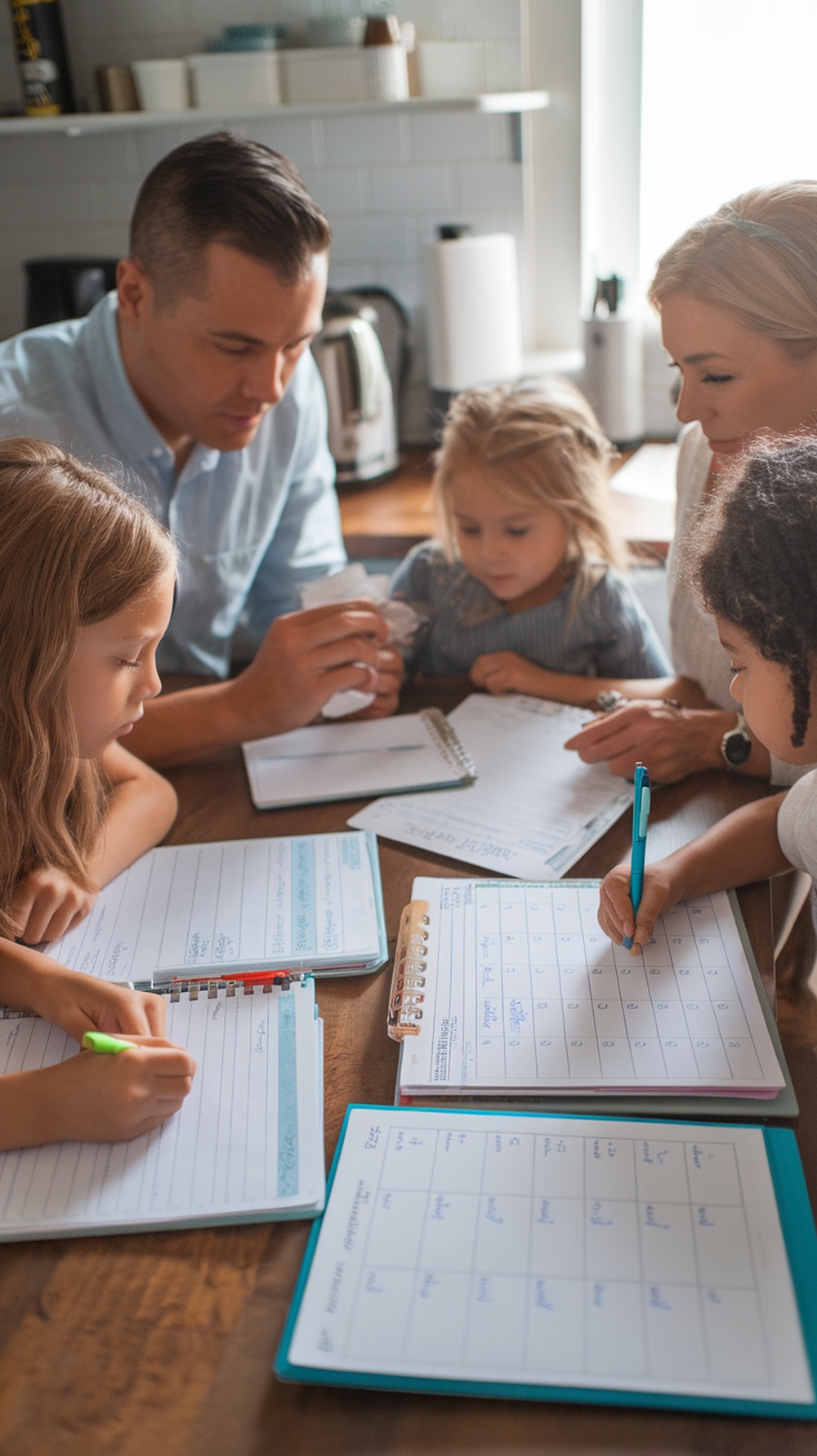 A family meeting around a table with planners and notes.
