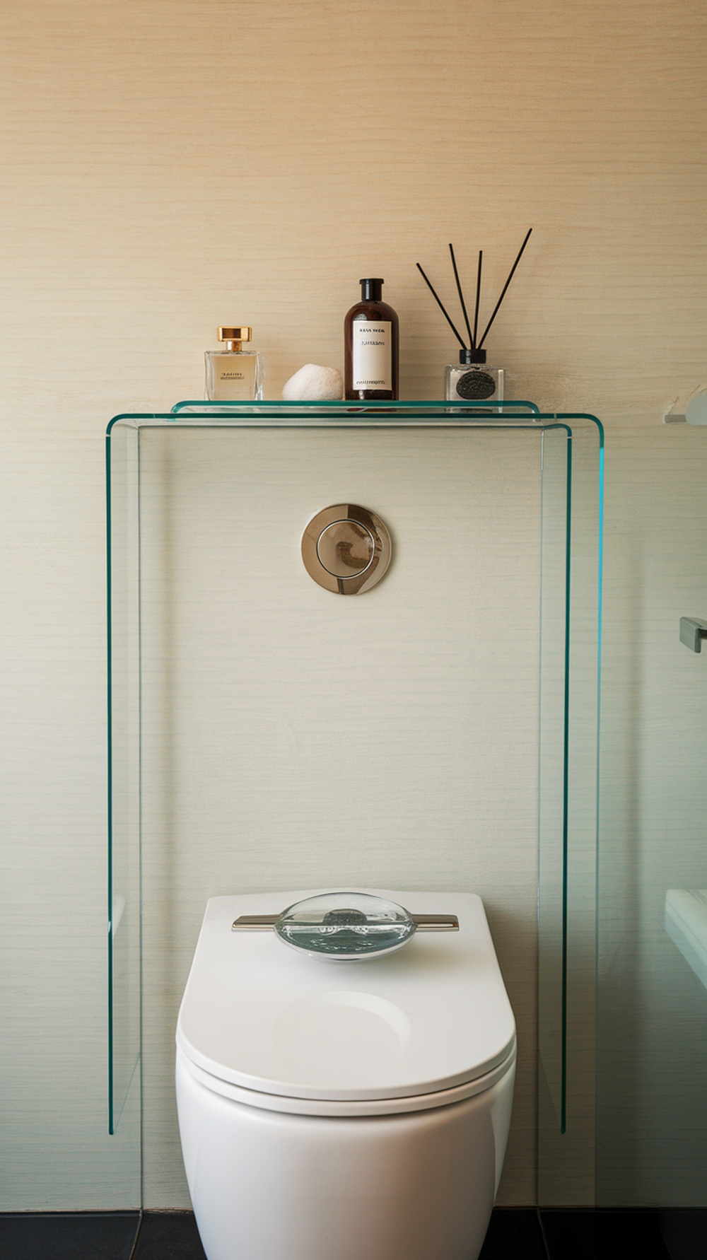 A minimalist glass shelf above a toilet displaying decorative items.