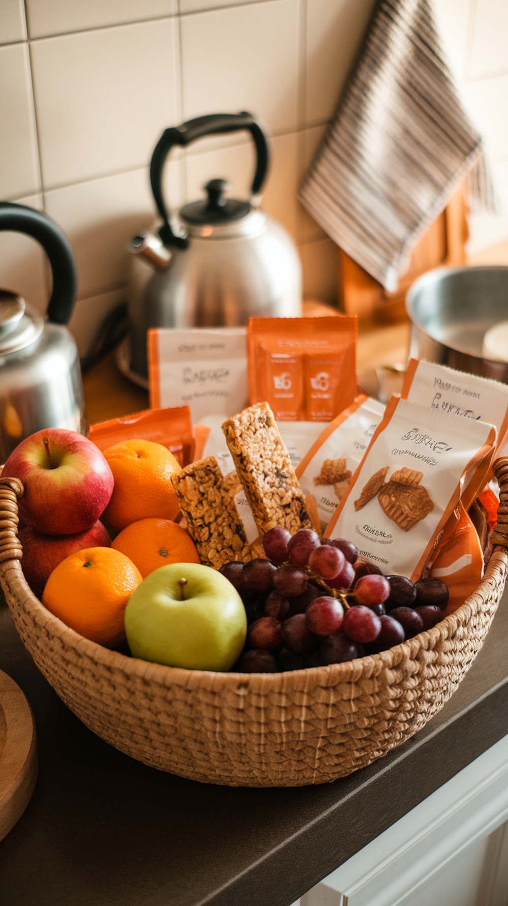 A woven basket filled with apples, oranges, grapes, and snack bars on a kitchen counter.
