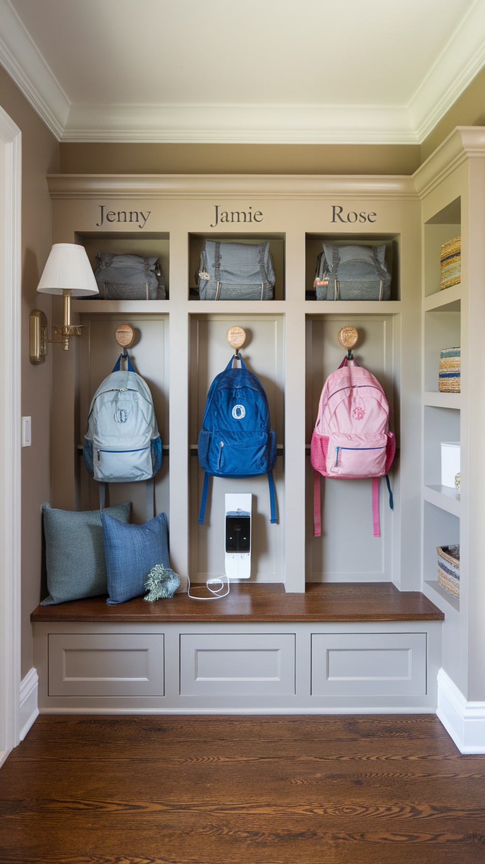 Organized backpacks hanging on hooks in a cozy entryway