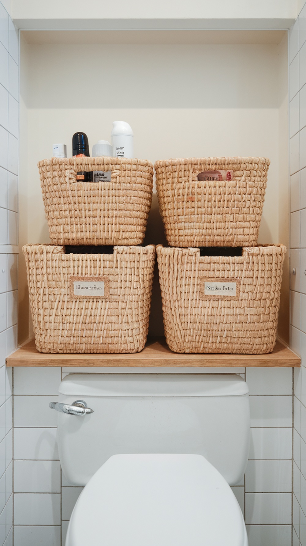 Stacked woven storage bins above a toilet, holding various toiletries.