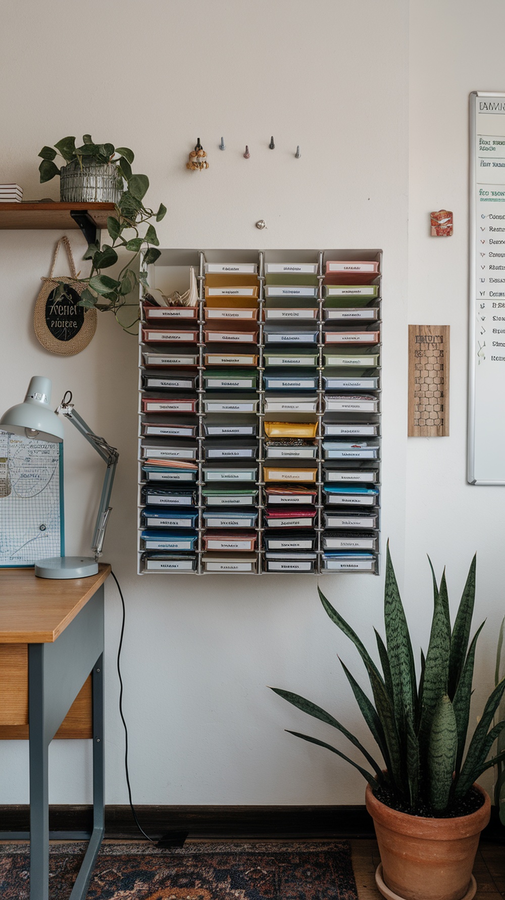 A well-organized paperwork station with labeled bins and a desk lamp.