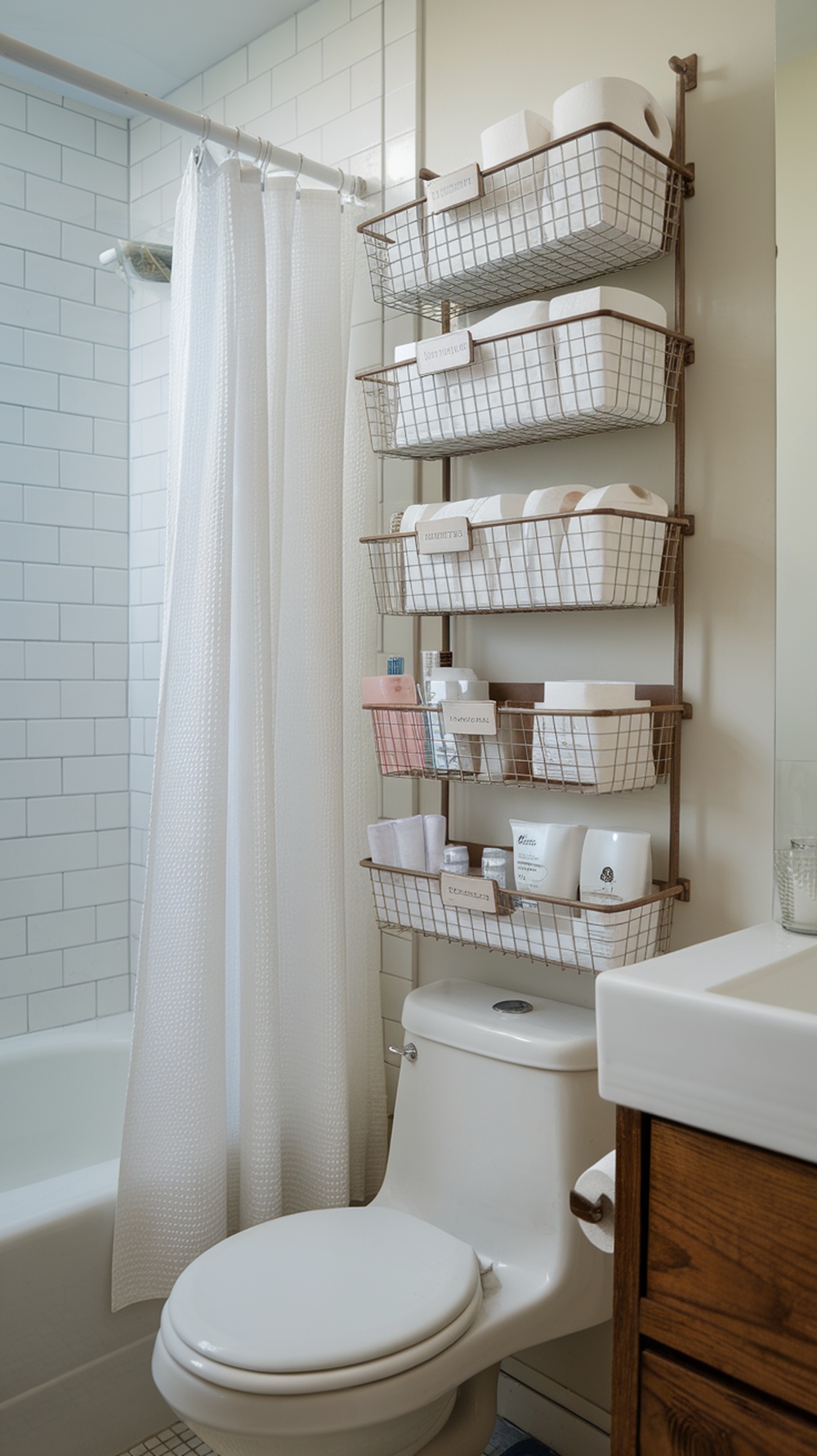 A bathroom featuring a wire basket wall organizer above a toilet, holding toiletries and toilet paper.