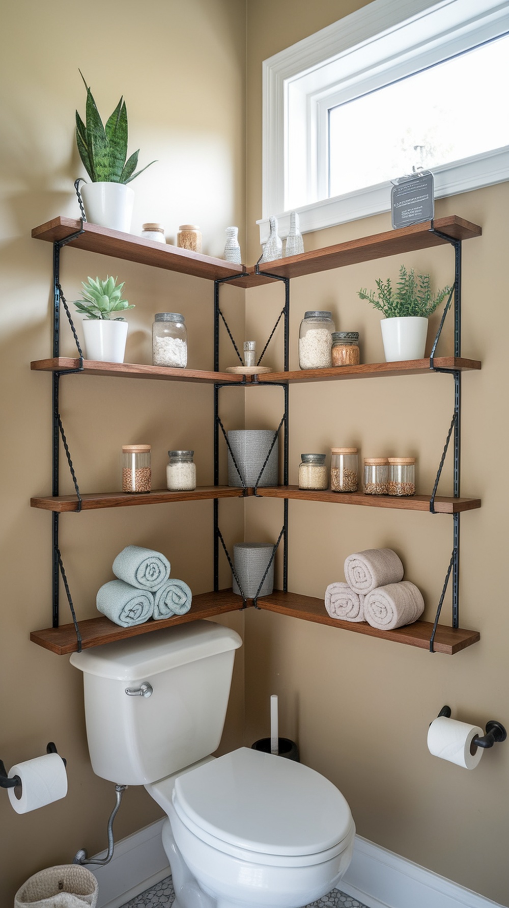 Corner shelf setup above a toilet with plants and towels.