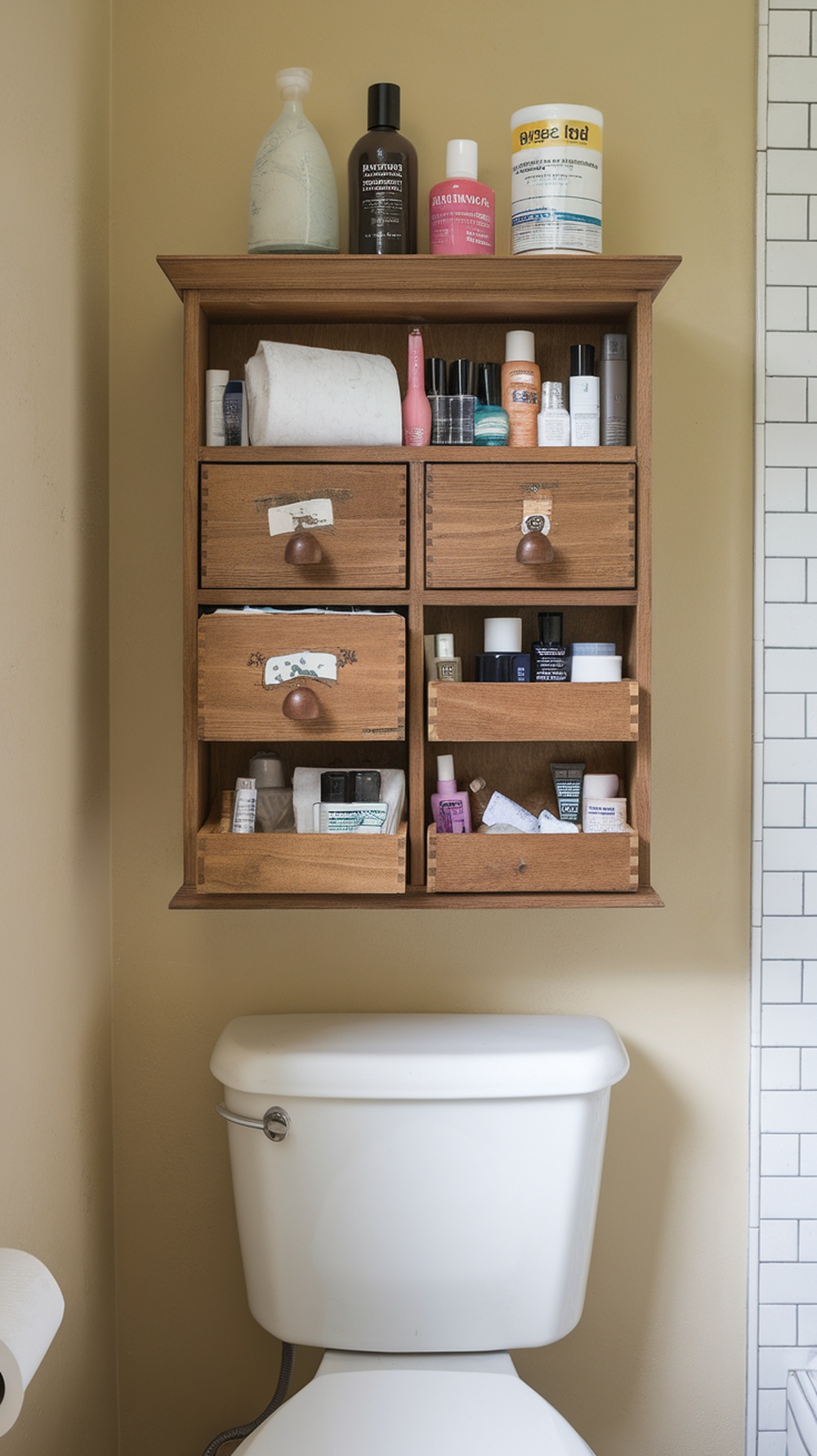 A wooden drawer cabinet above a toilet, filled with toiletries and bathroom essentials.