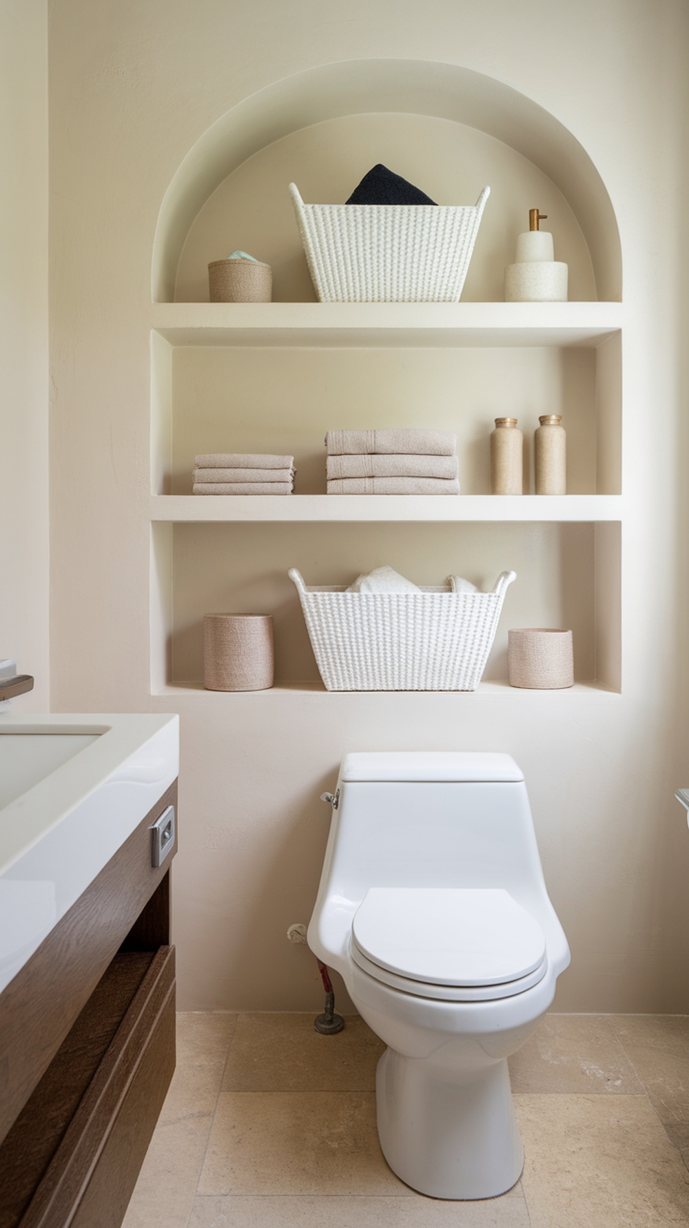 Built-in nook with shelves above a toilet, featuring baskets and towels.