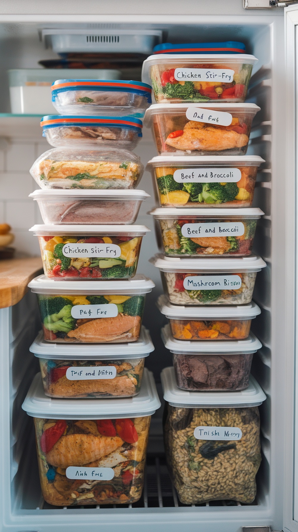 A well-organized freezer filled with labeled containers of various meals.