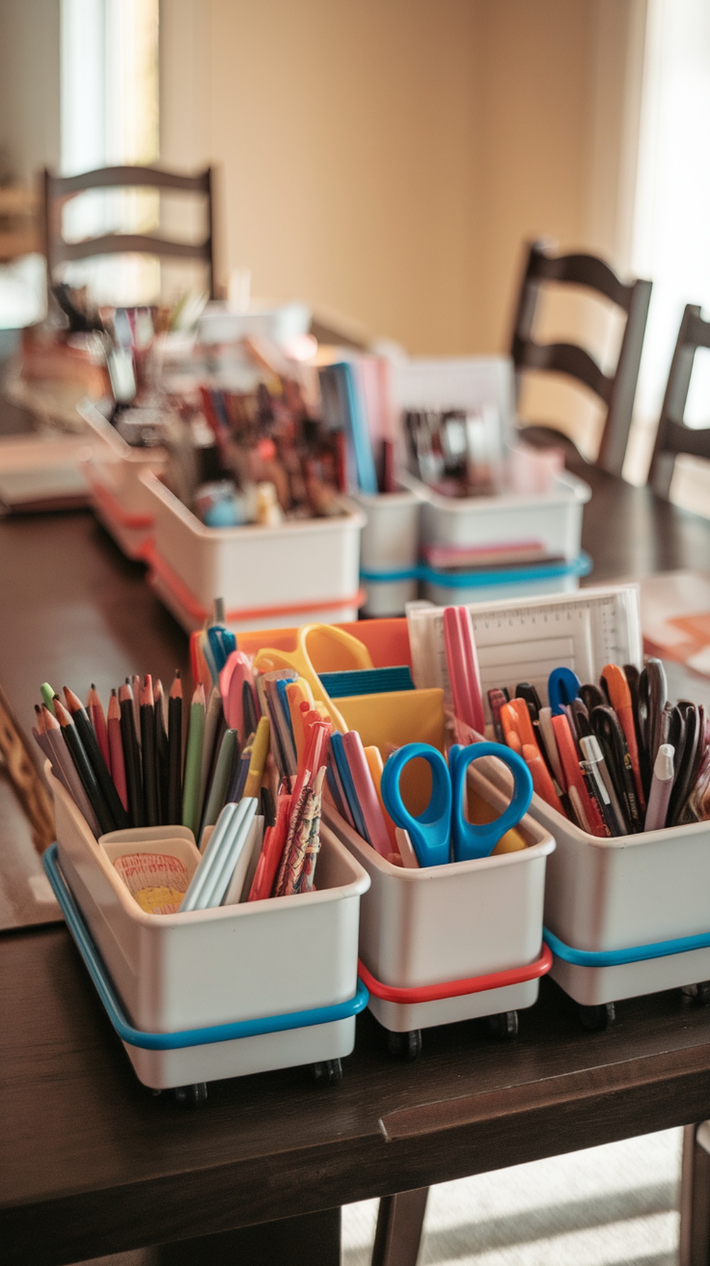 Colorful homework caddies filled with school supplies on a table.