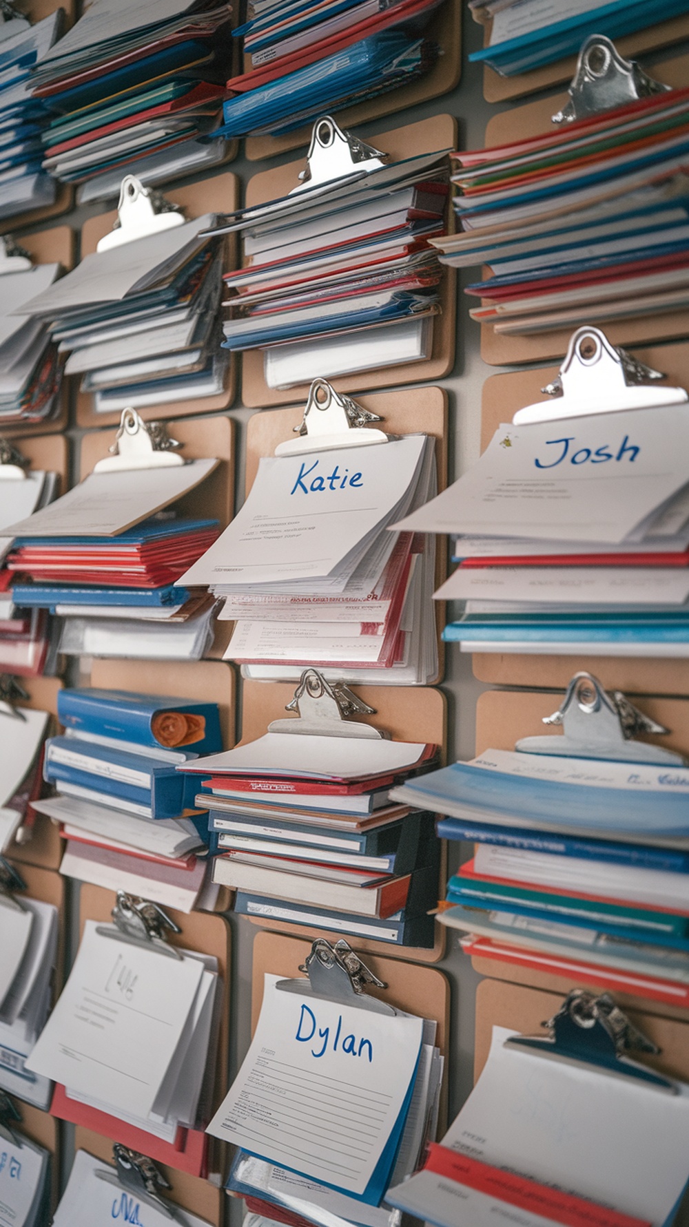A wall displaying multiple clipboards with organized notes for different kids.