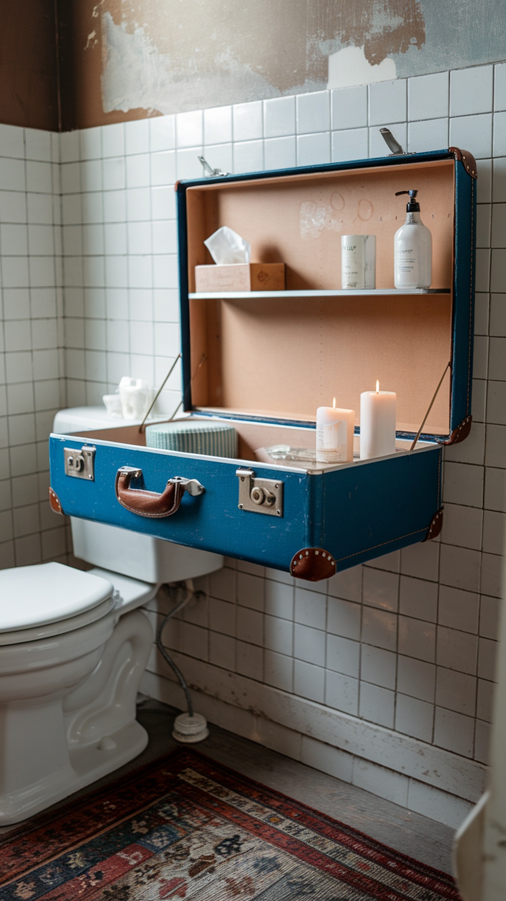 A vintage blue suitcase mounted on a wall above a toilet, serving as a shelf for toiletries and candles.
