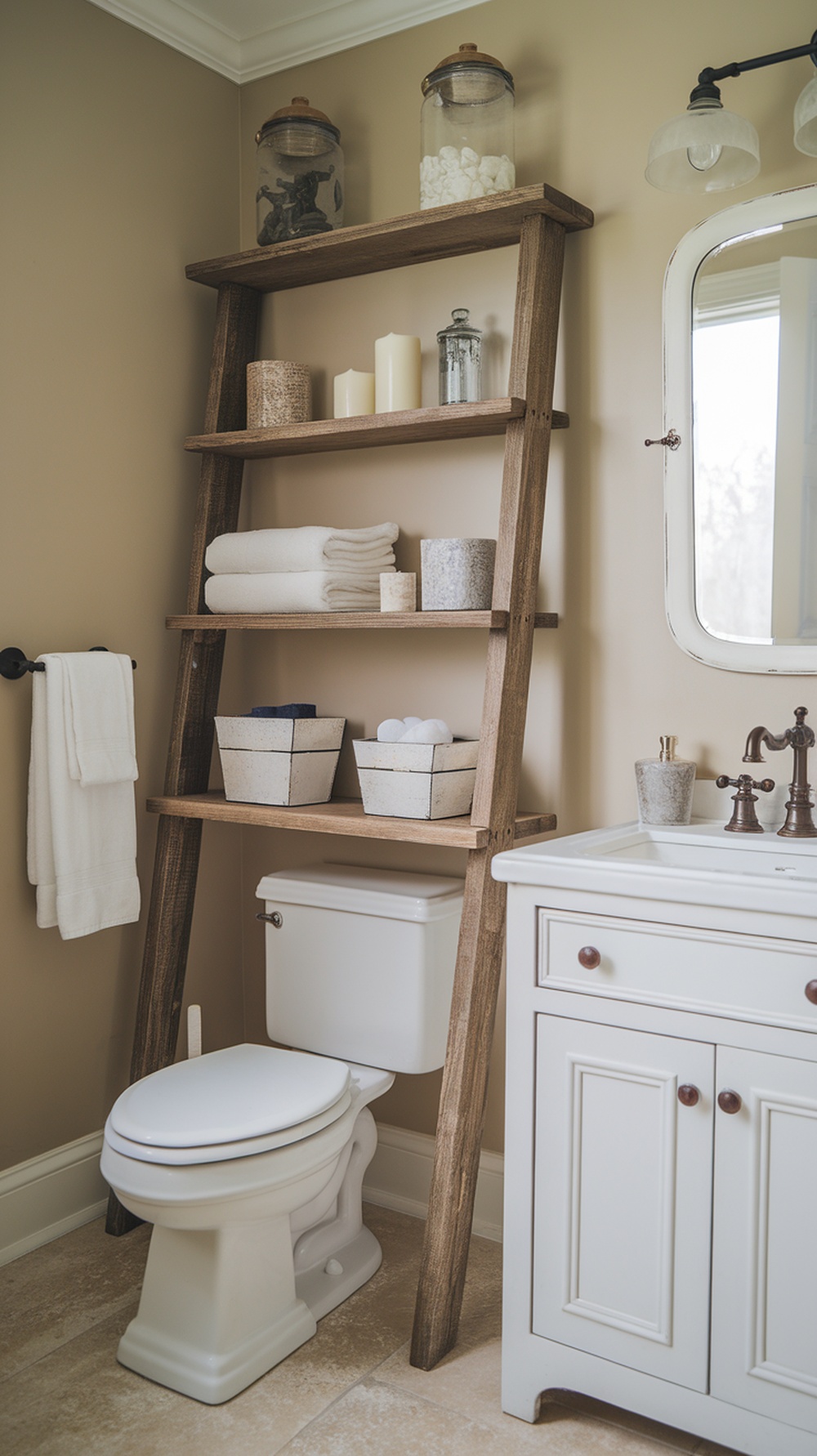 A wooden ladder shelf leaning against a wall above a toilet, displaying towels and decorative jars.